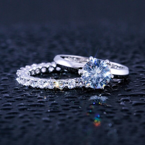 🍁  Beautiful 925 Silver Plated 2 Pcs CZ Wedding Ring, FB16FA1067 - Picture 2 of 7